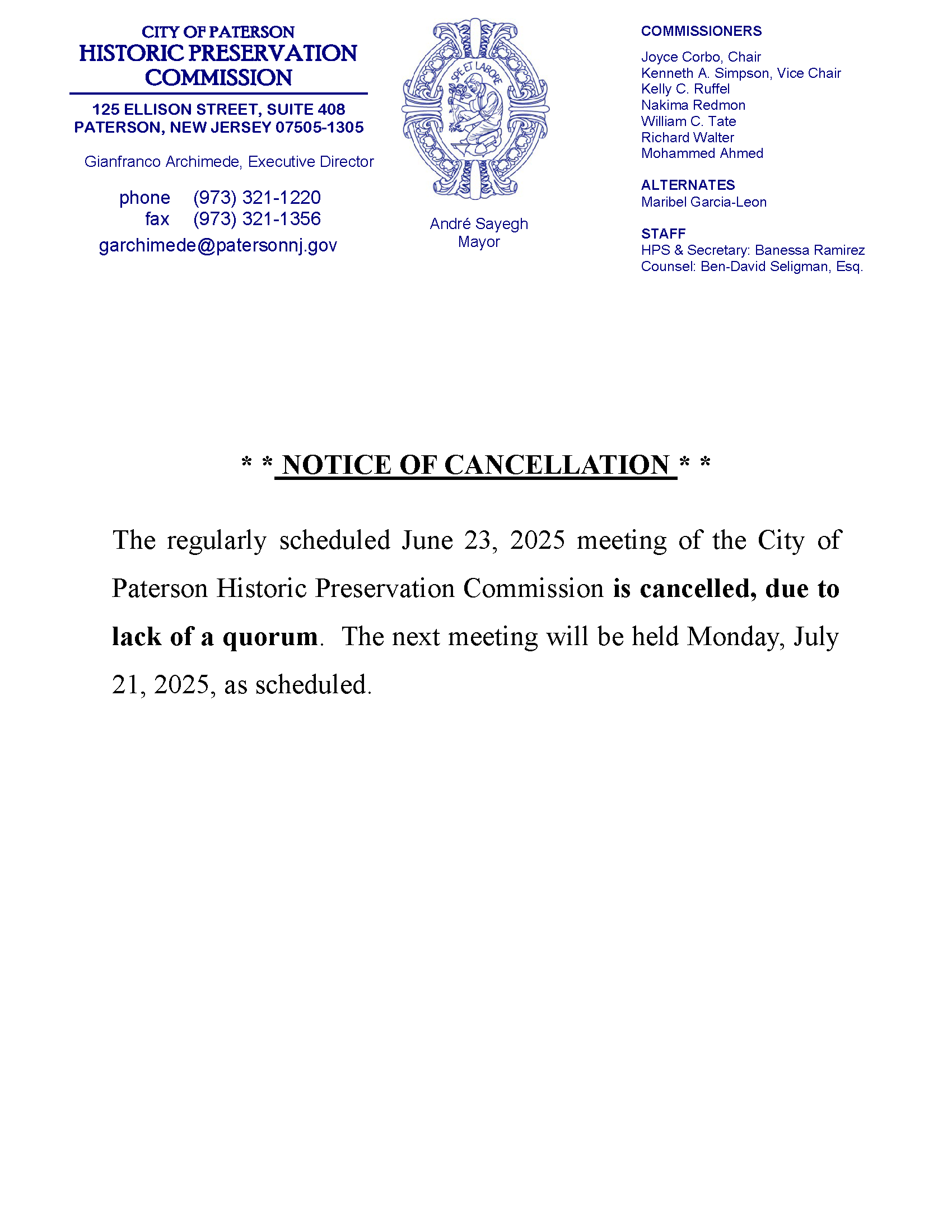 **Cancelled** HPC Meeting Agenda June 23, 2025 