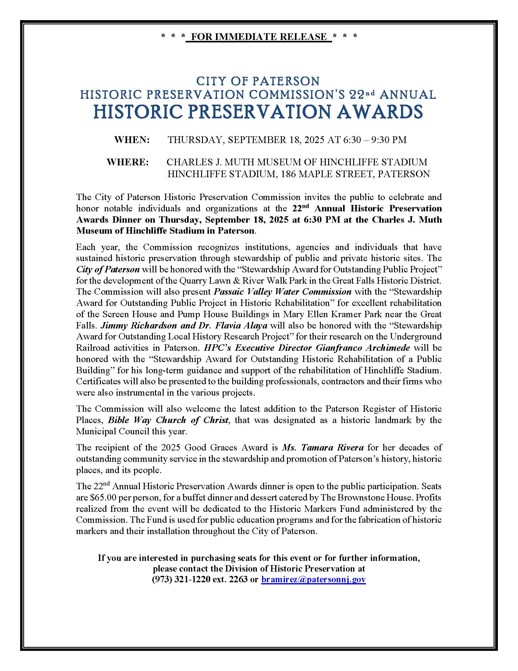 Press Release Historic Preservation Awards Dinner September 18, 6:30PM